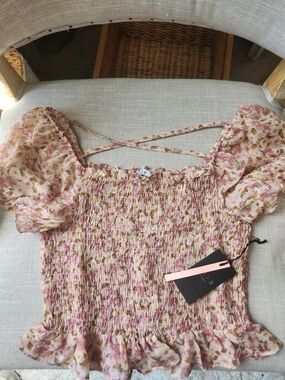 Smocked Floral Puff-Sleeve Womens Top - Pink Cottagecore